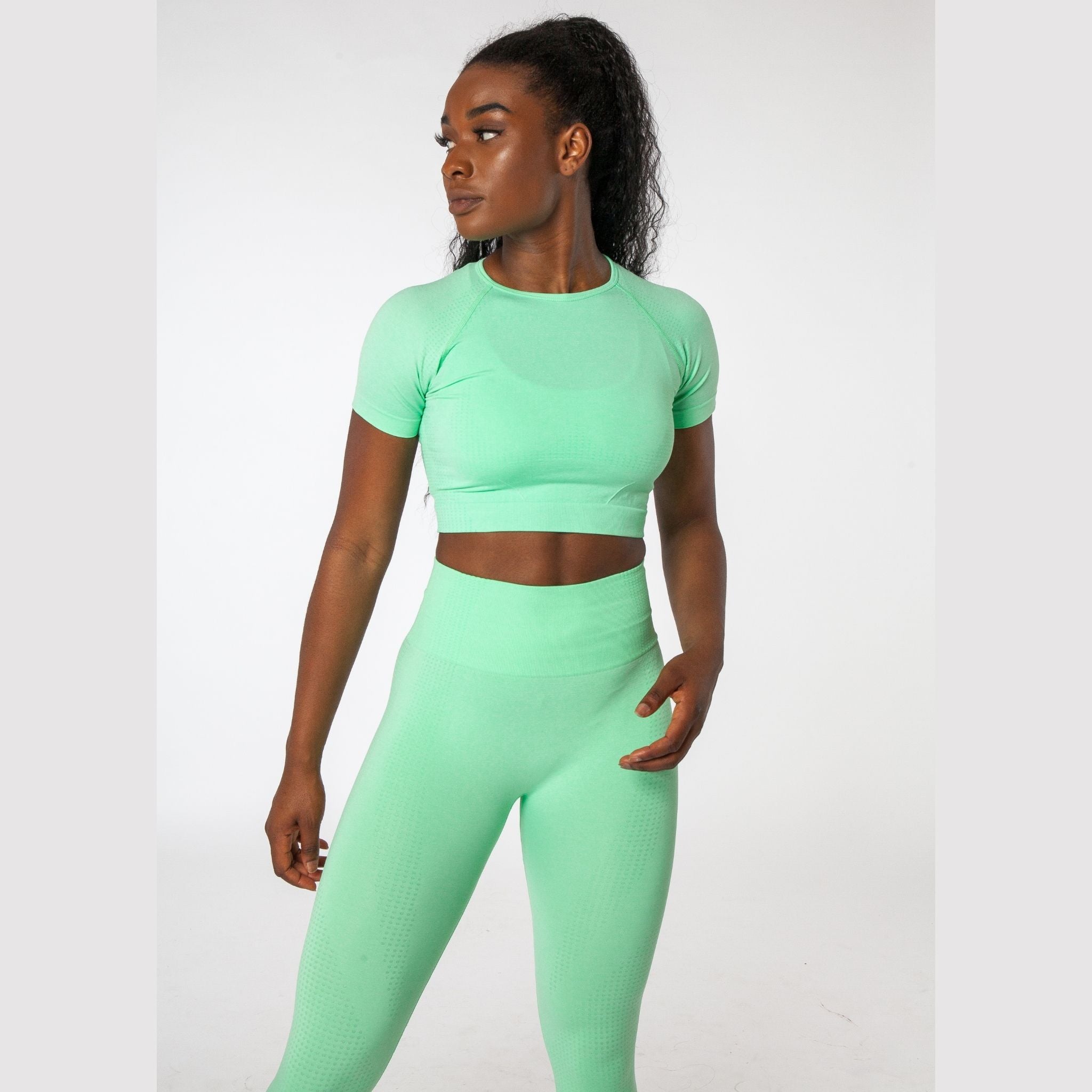 Neon Green Seamless Short Sleeve Crop Top & Leggings Set