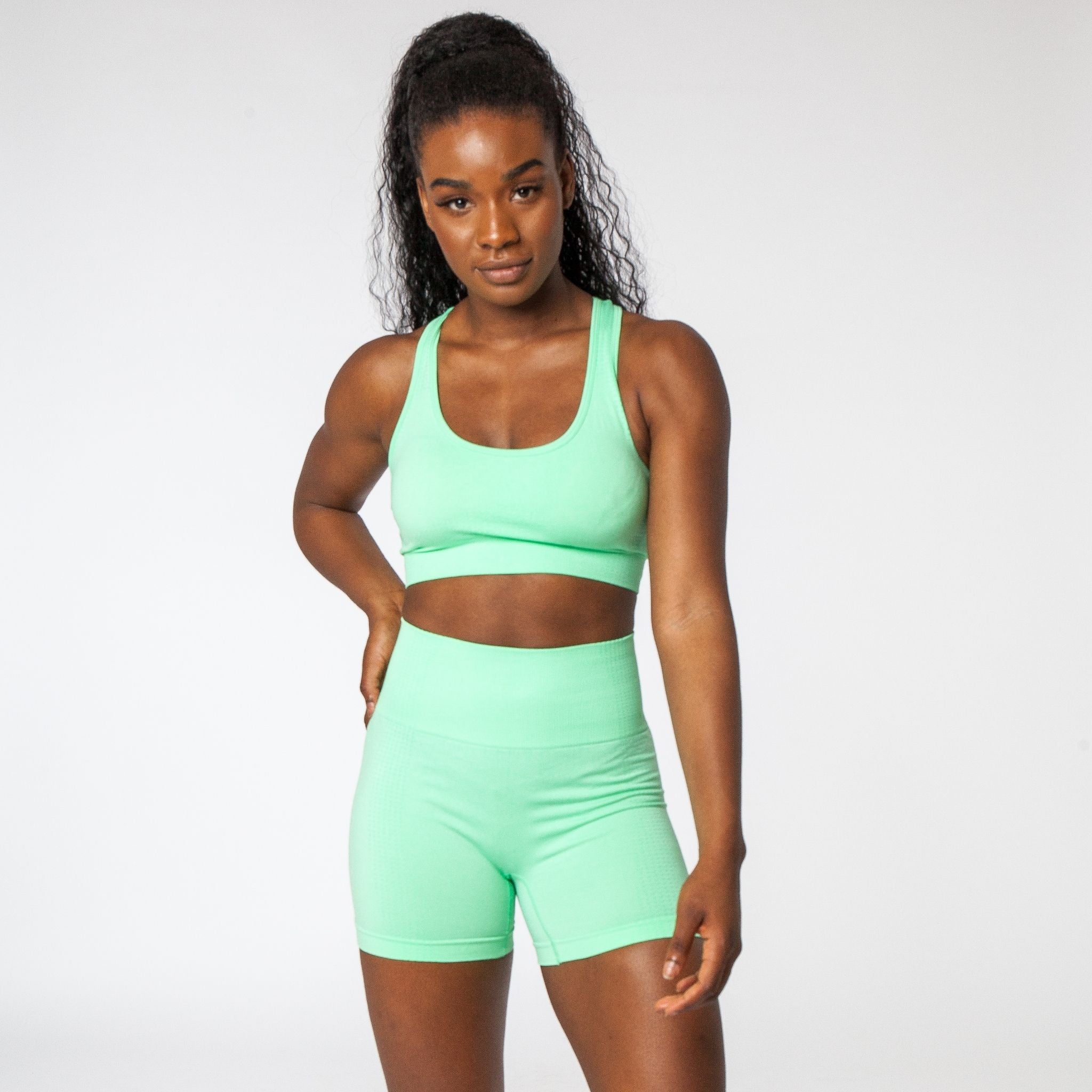 Women's Green Seamless Top And Shorts Activewear Set