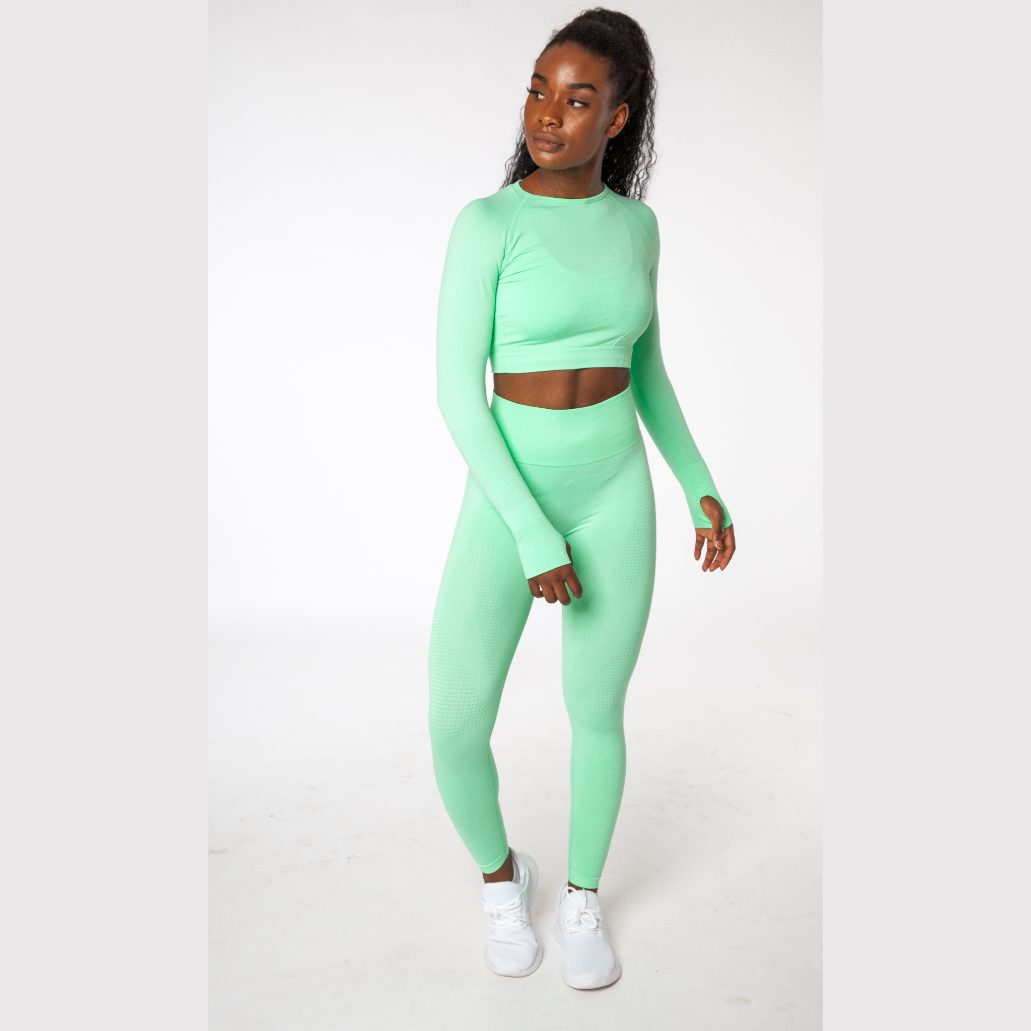 Neon Green Seamless Long Sleeve Crop Top & Leggings Set